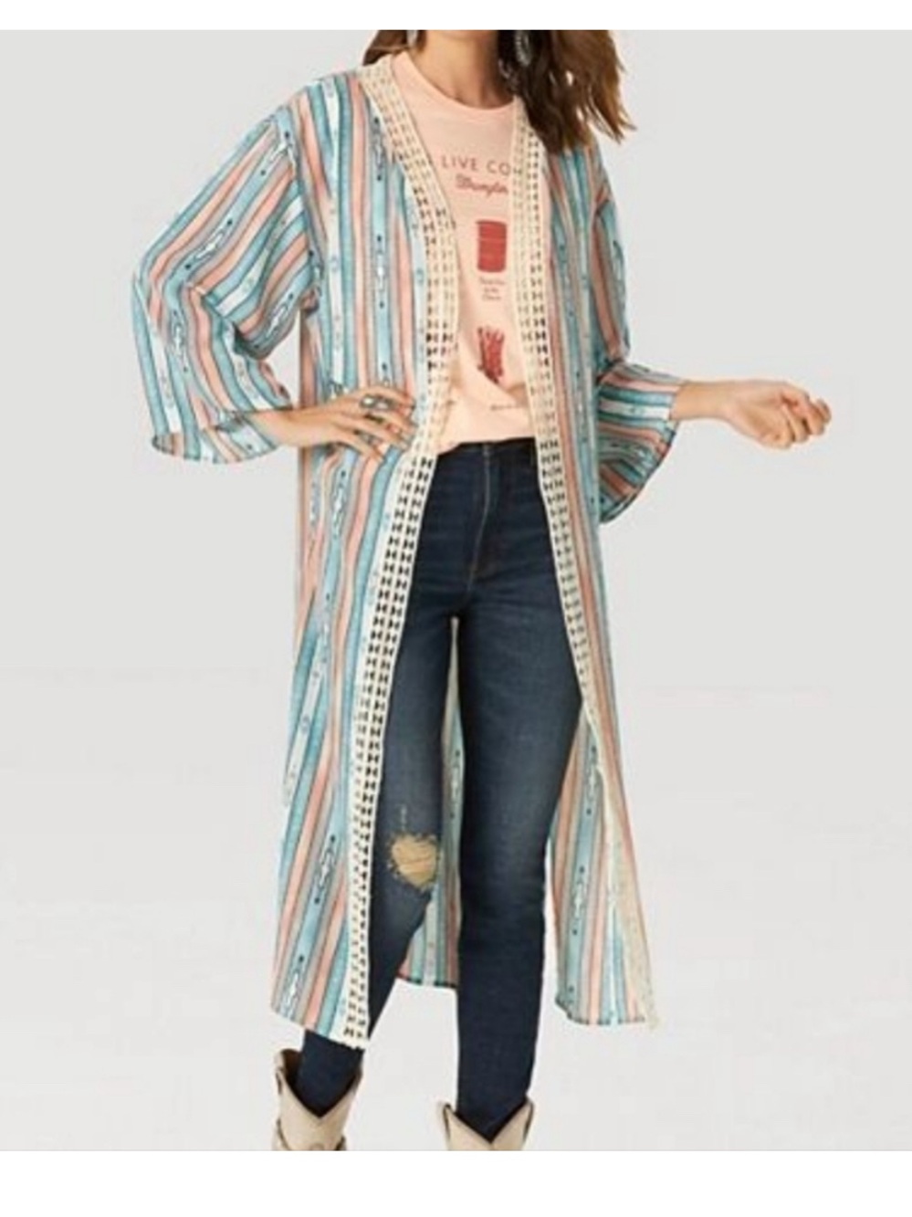 Wrangler Retro Striped Open-Front Longline Kimono Cardigan - Pink & Blue
